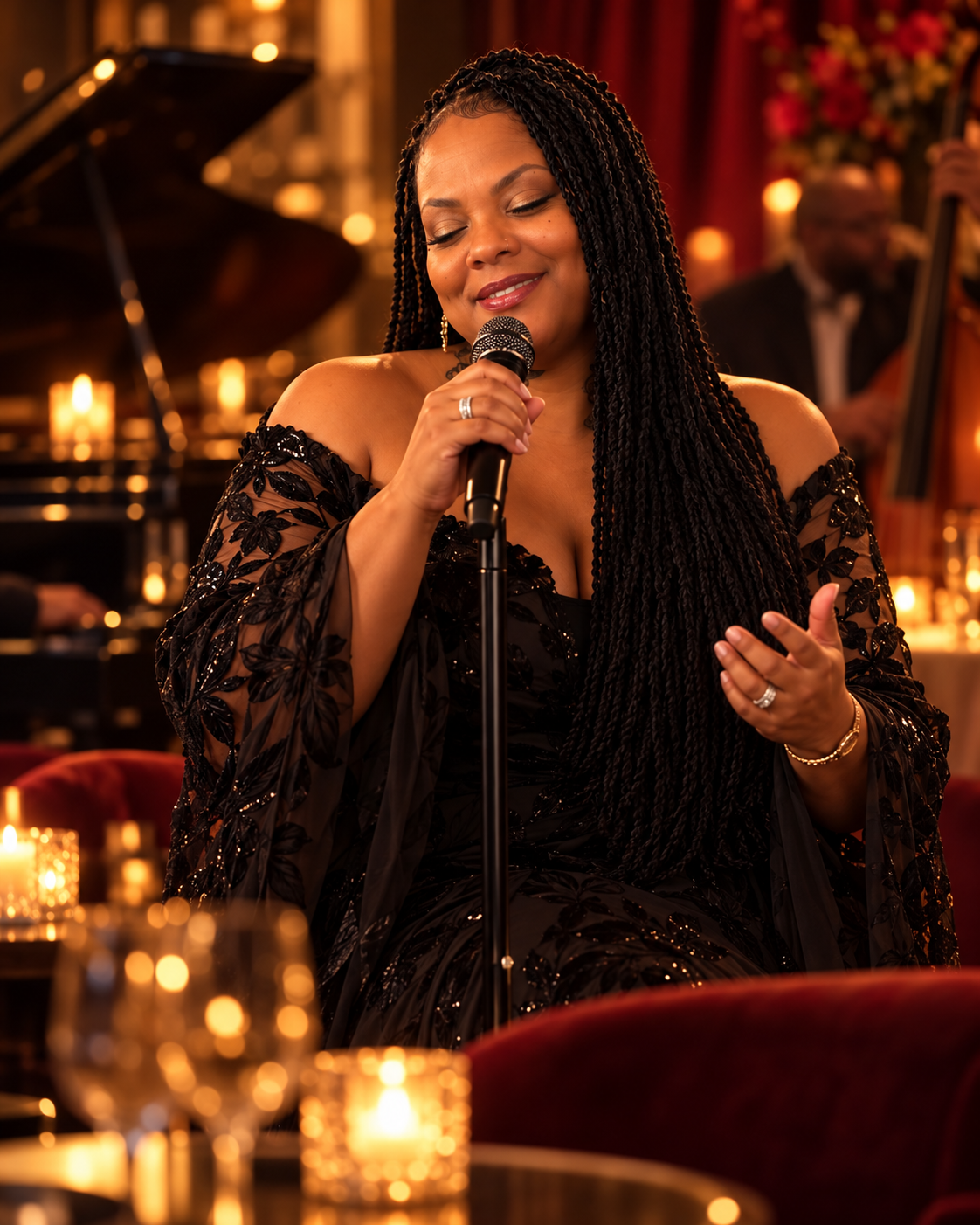 Creative portrait of Taria singing in an intimate candlelit lounge
