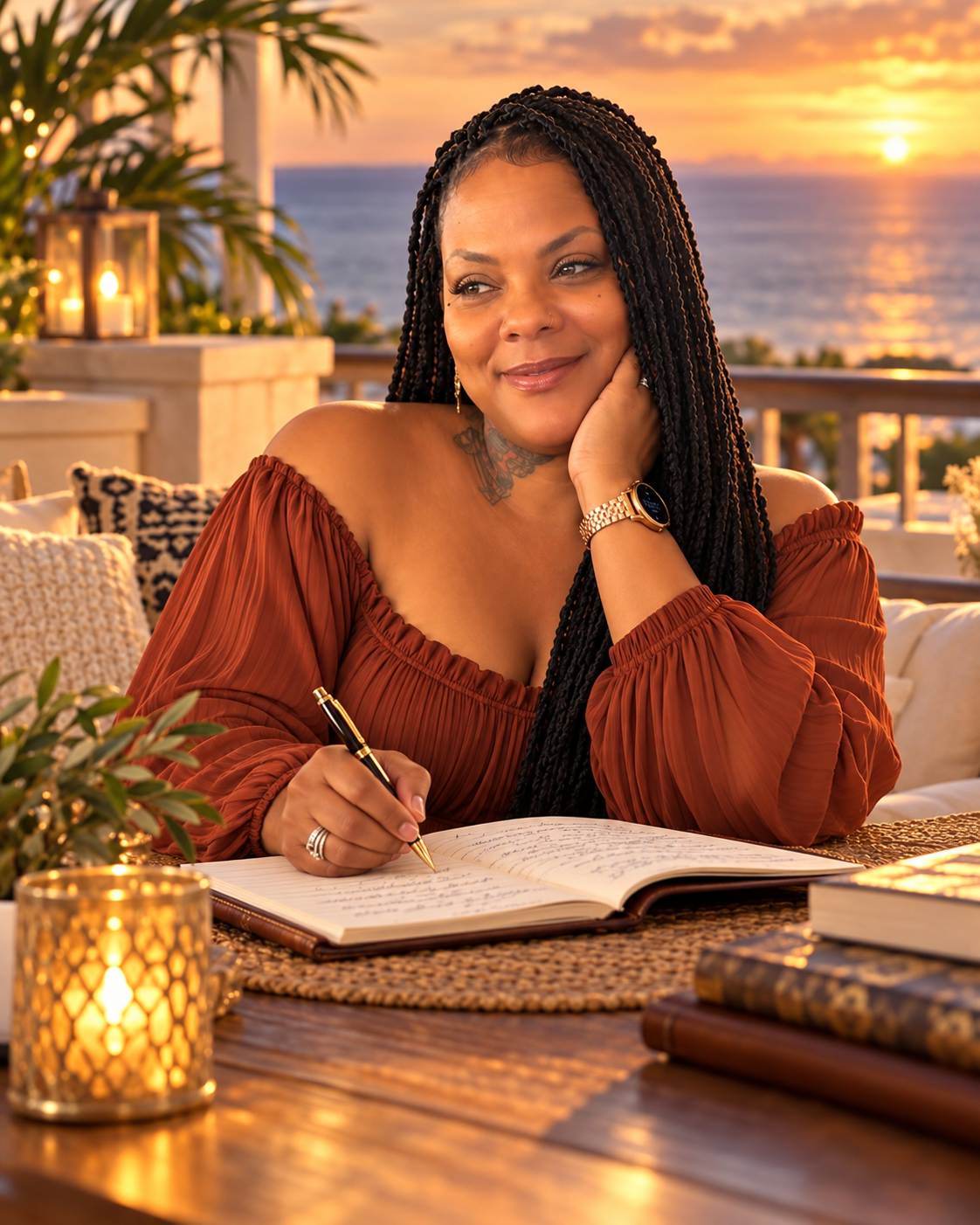 Creative portrait of Taria writing overlooking the ocean