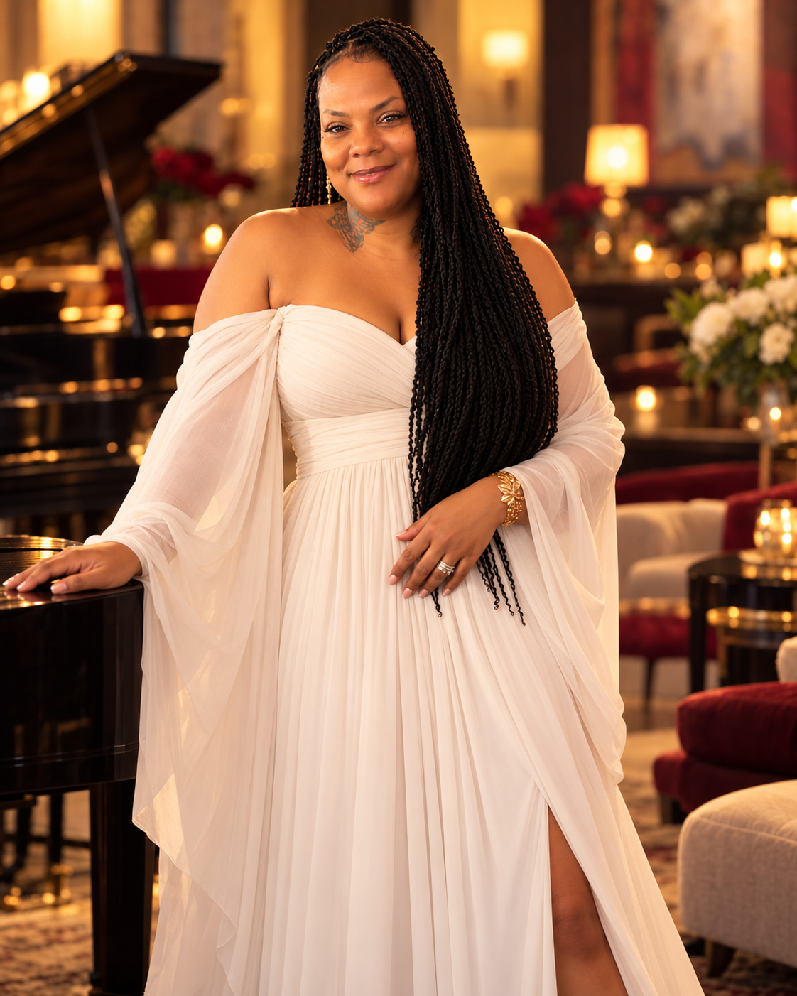 Creative portrait of Taria in a cream gown in a piano lounge